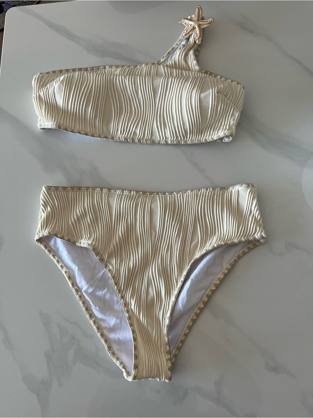 One-Shoulder Cream Textured Bikini beige summer swimsuit woman starfish ocean